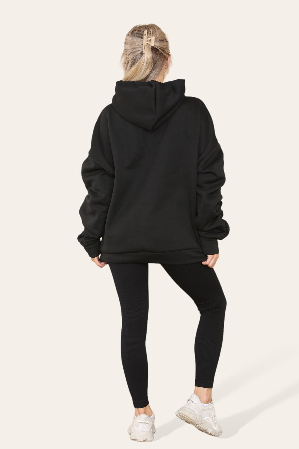 Oversized Ruched Sleeves Hoodie With Satin Ribbon with High Waist High