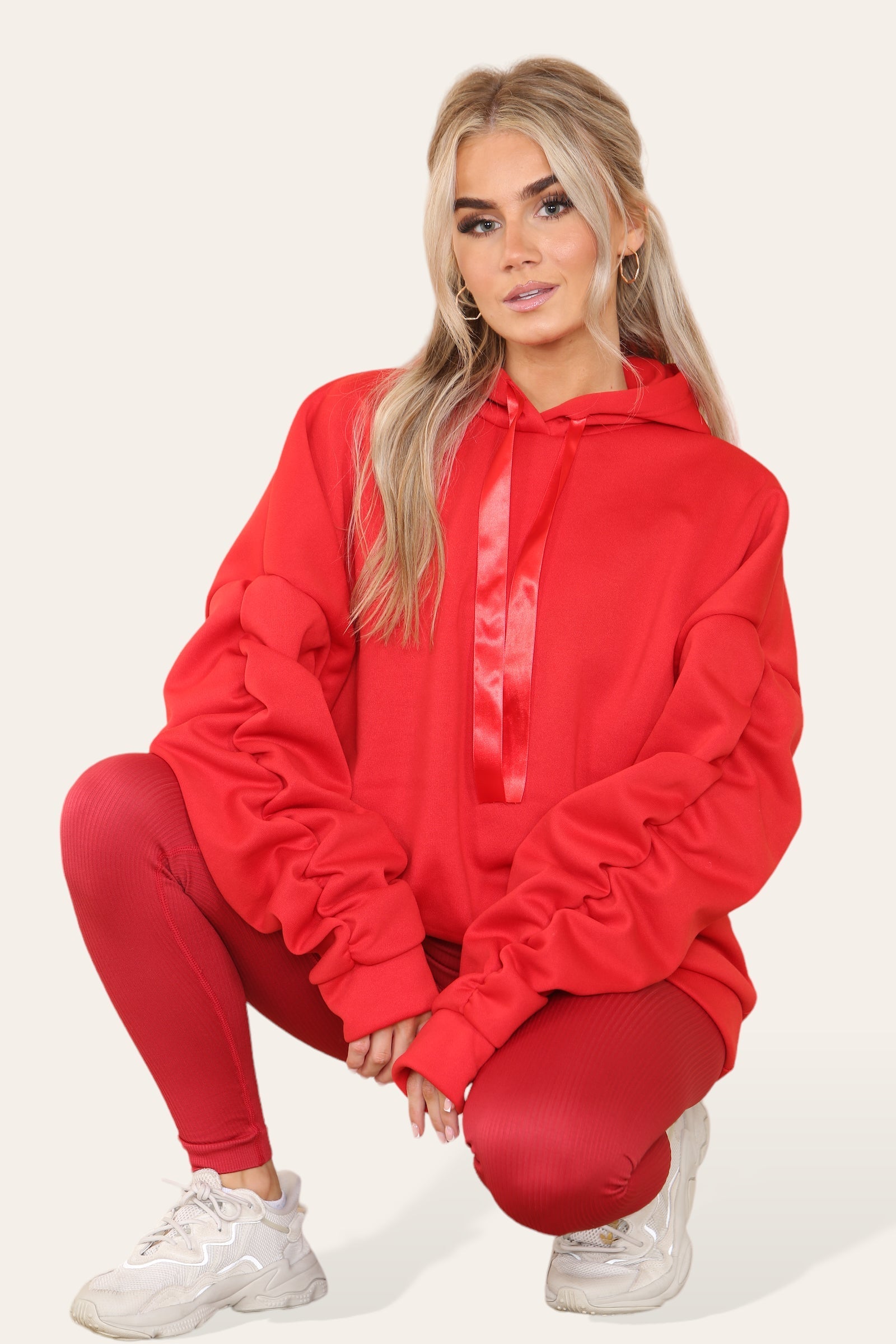 Oversized Ruched Sleeves Hoodie With Satin Ribbon with High Waist High