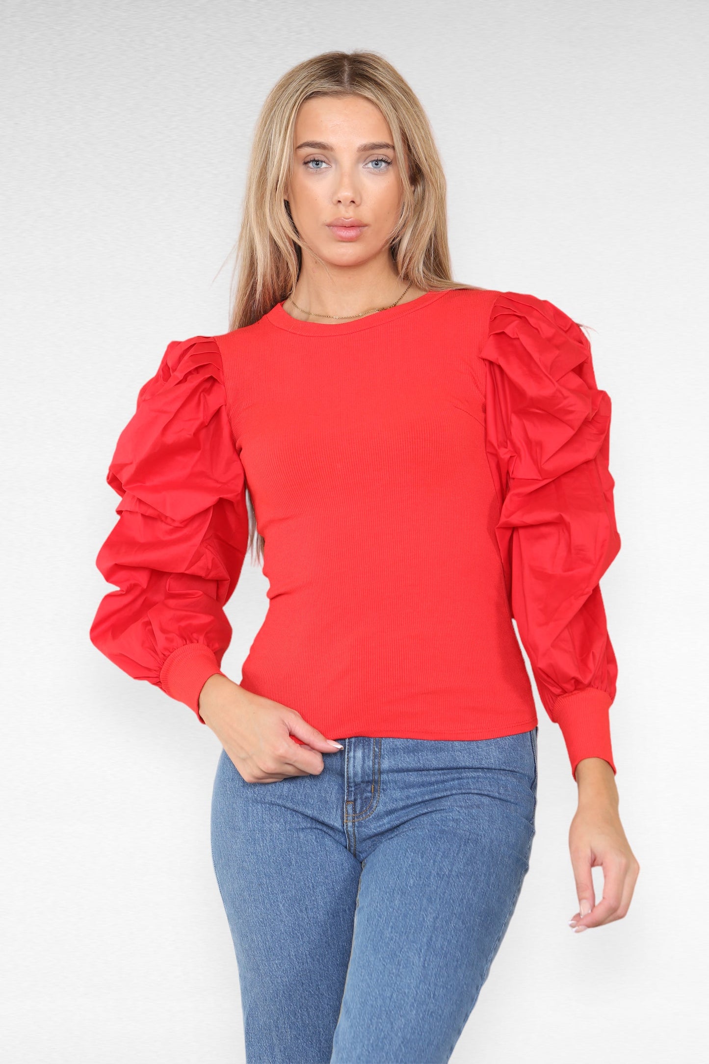 Oversized Puff Sleeves Ribbed Top