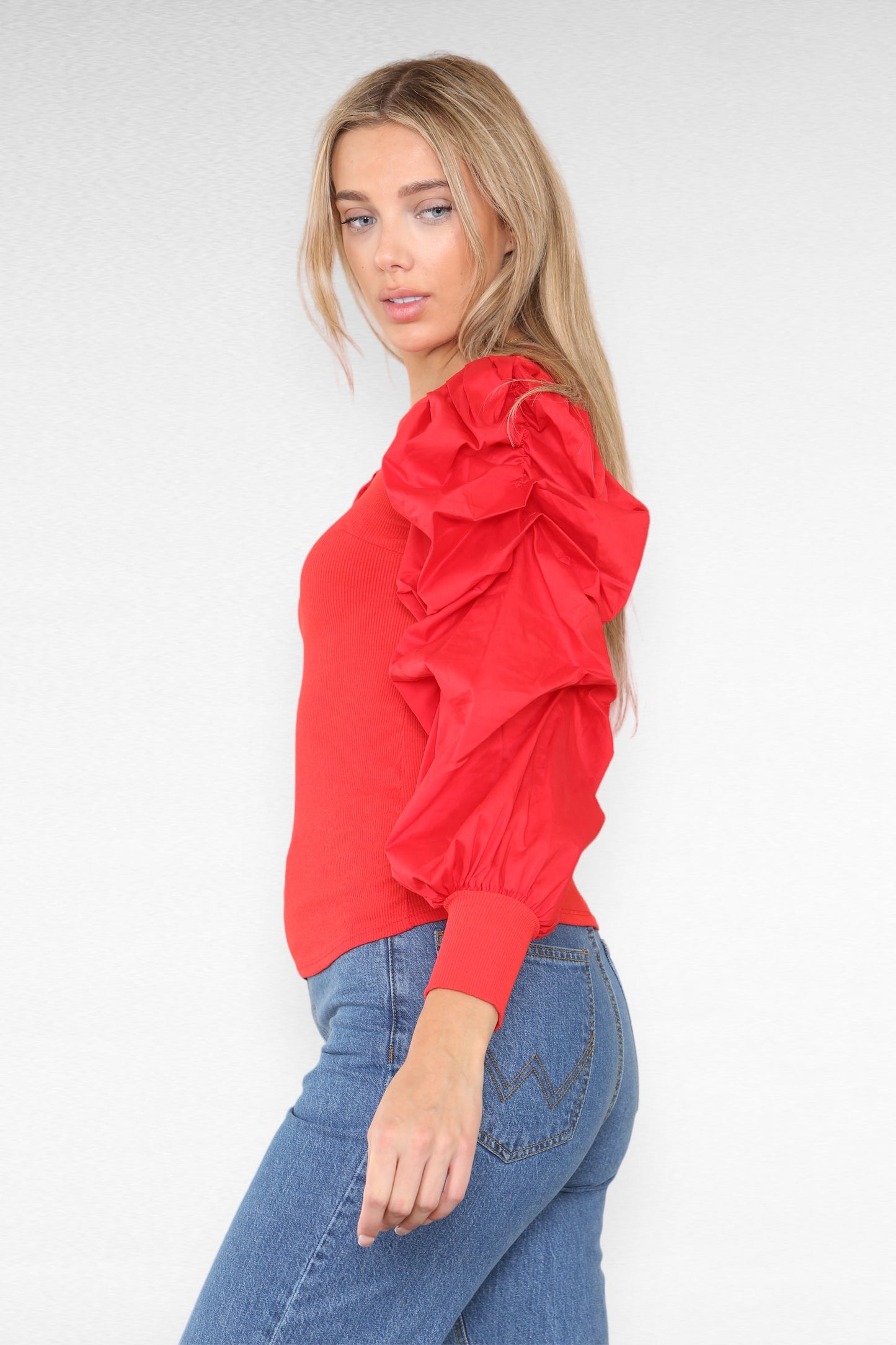 Oversized Puff Sleeves Ribbed Top