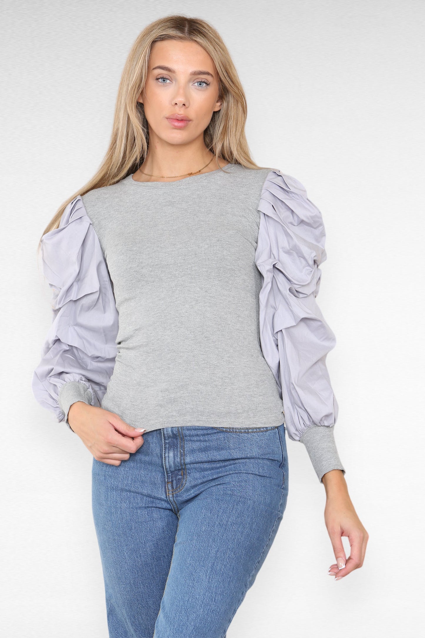 Oversized Puff Sleeves Ribbed Top