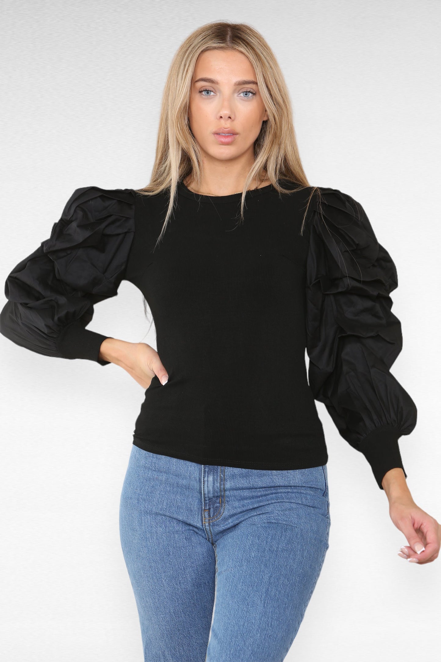 Oversized Puff Sleeves Ribbed Top