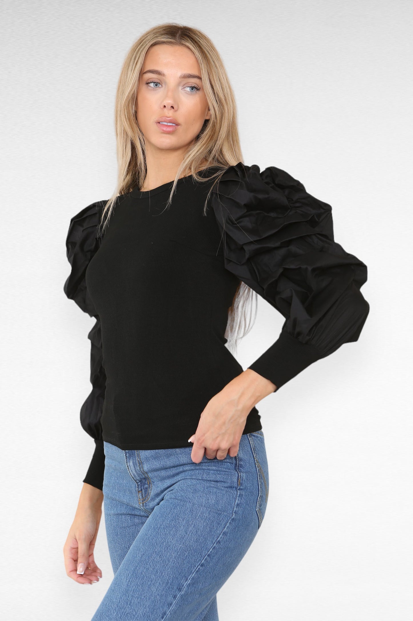 Oversized Puff Sleeves Ribbed Top