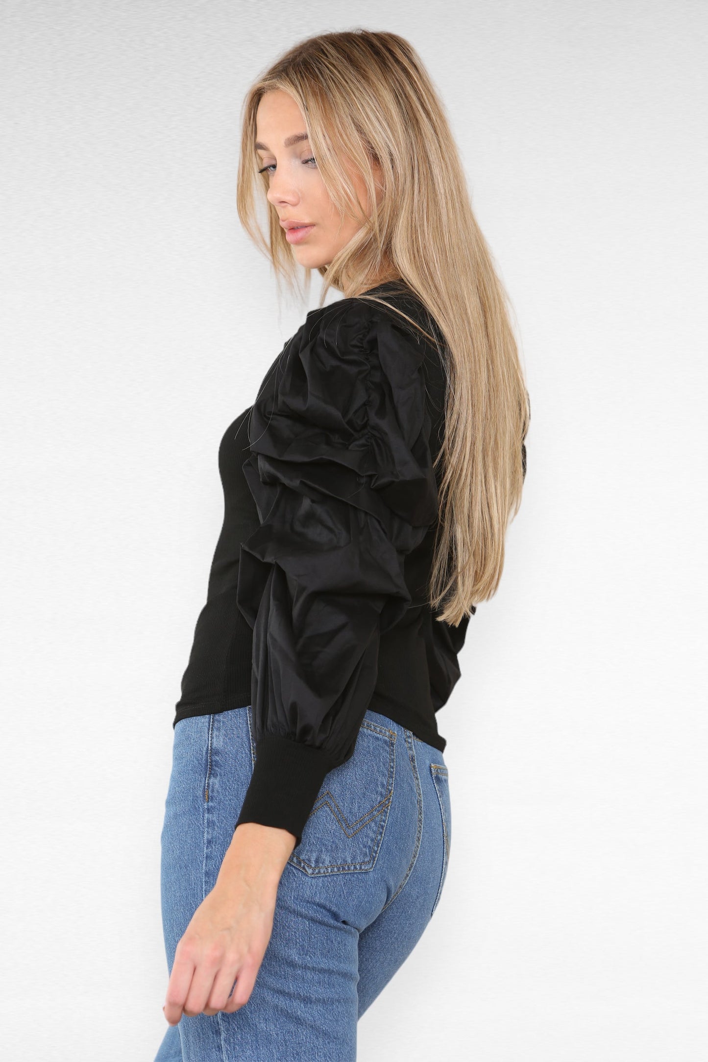 Oversized Puff Sleeves Ribbed Top