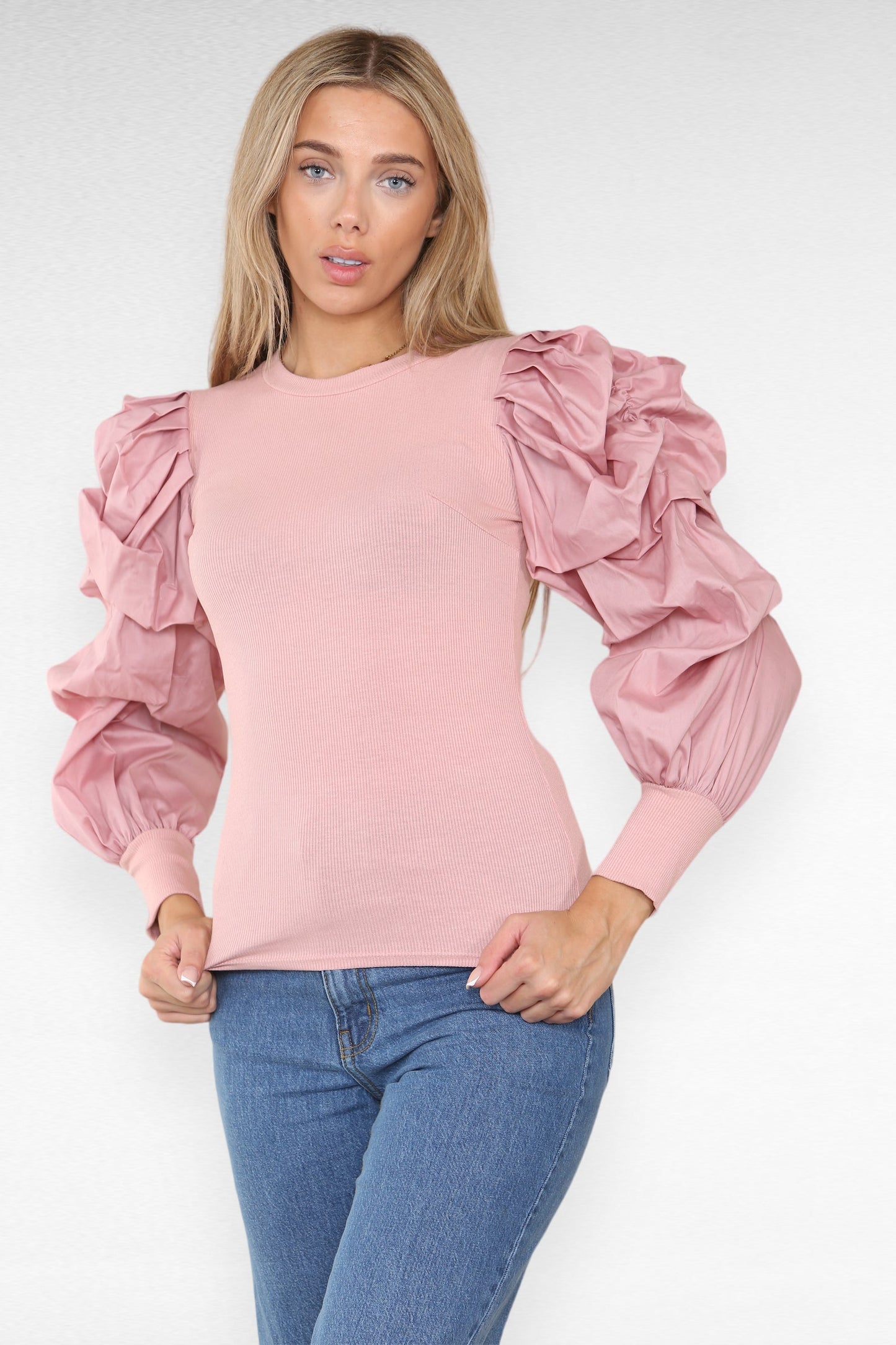 Oversized Puff Sleeves Ribbed Top