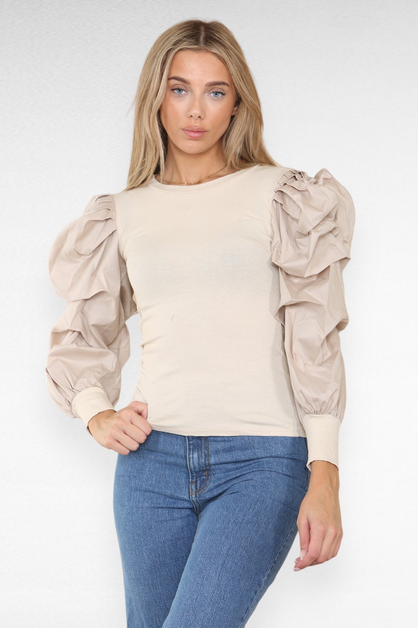 Oversized Puff Sleeves Ribbed Top