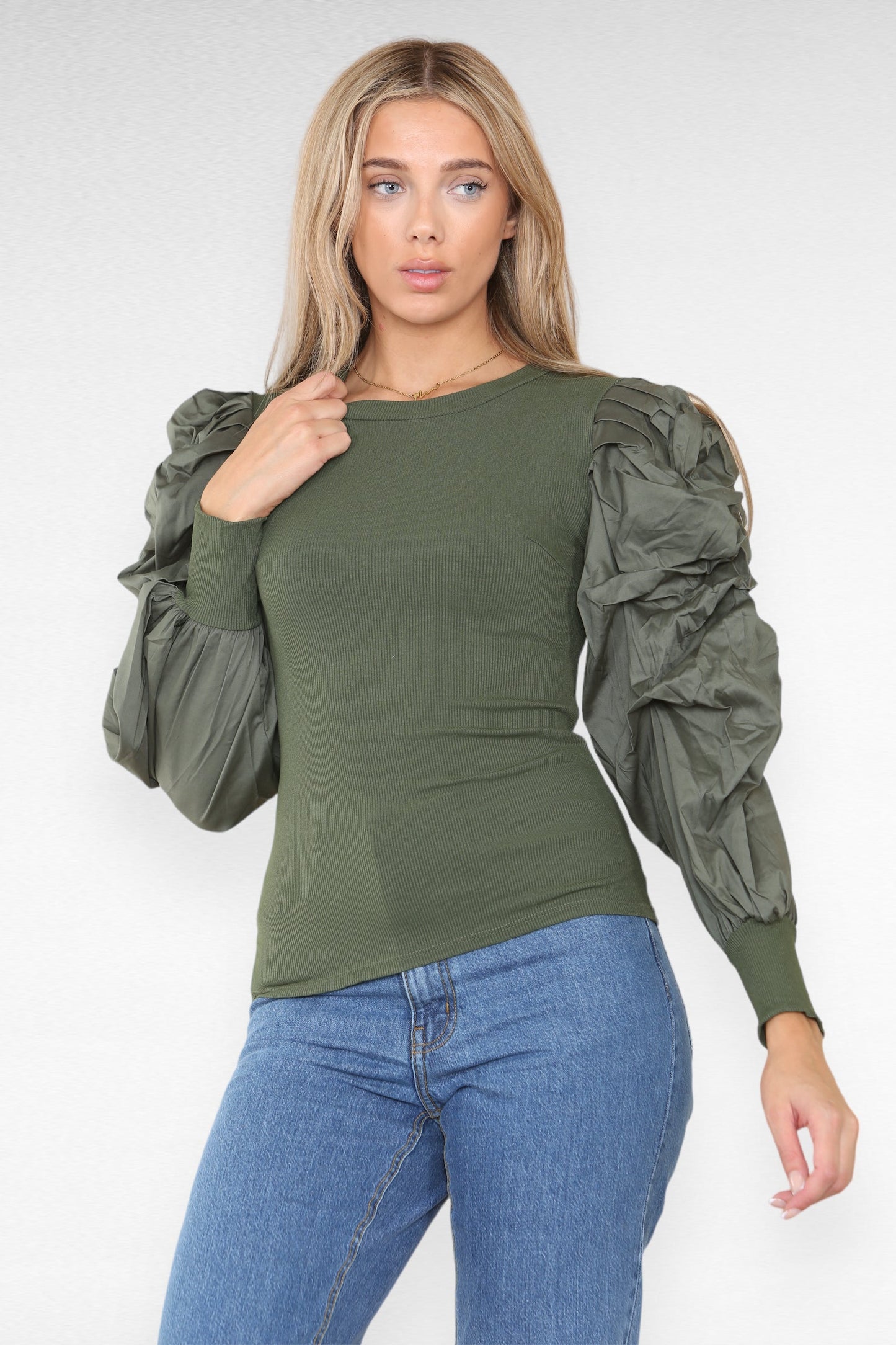 Oversized Puff Sleeves Ribbed Top