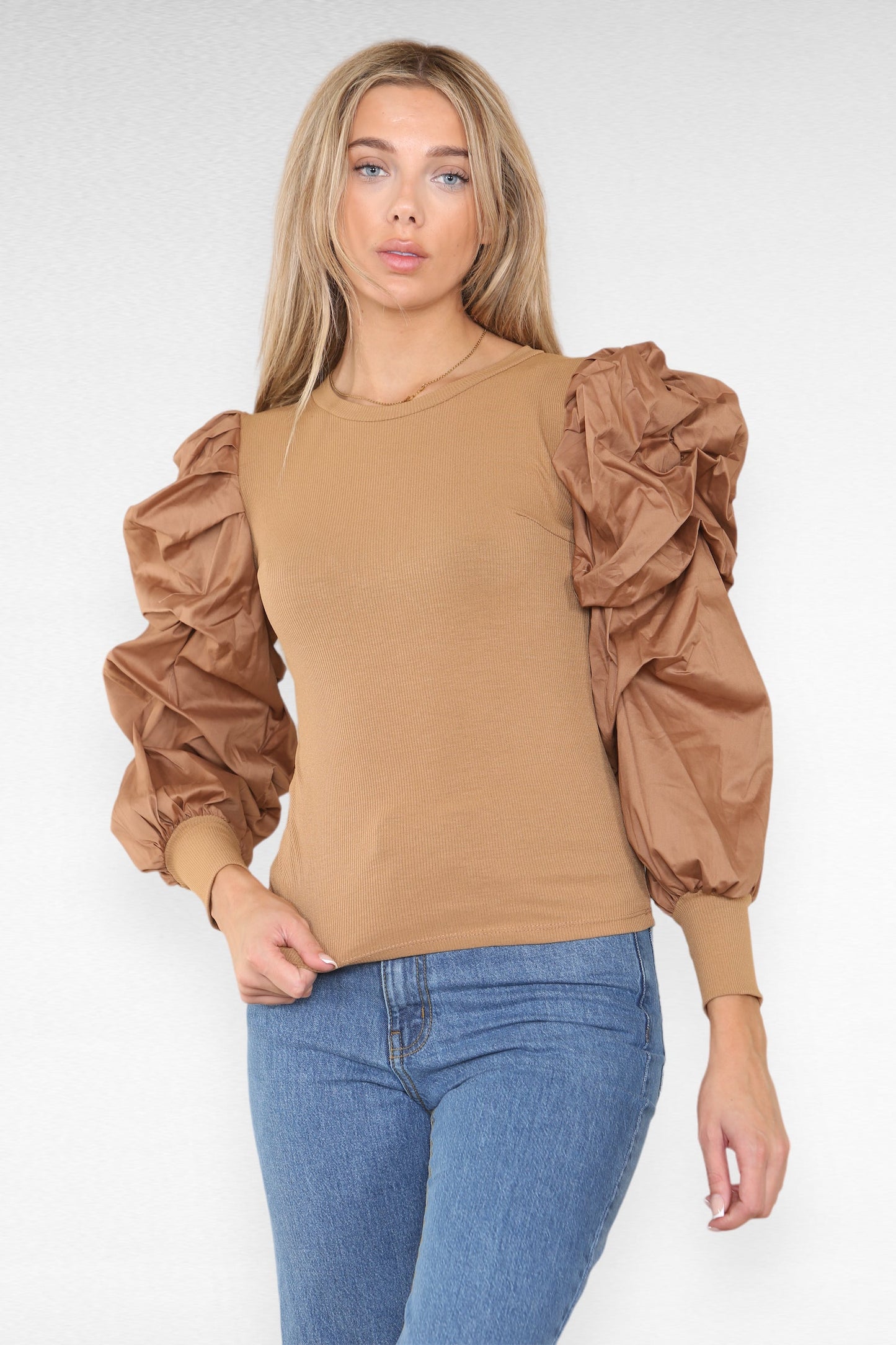 Oversized Puff Sleeves Ribbed Top