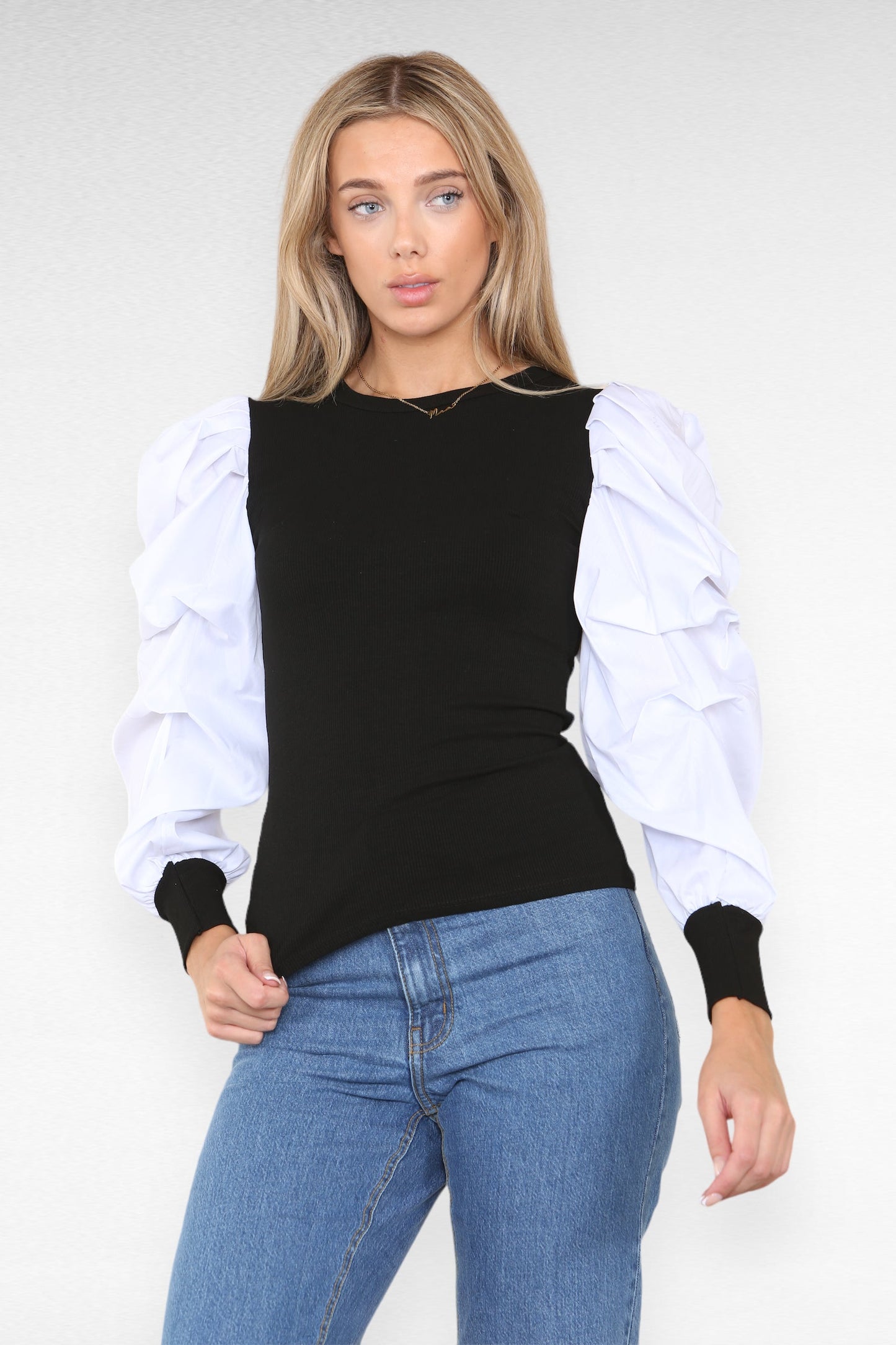 Oversized Puff Sleeves Ribbed Top