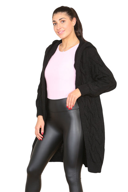 Knitted Cables Hooded Long Over Sized Cardigan