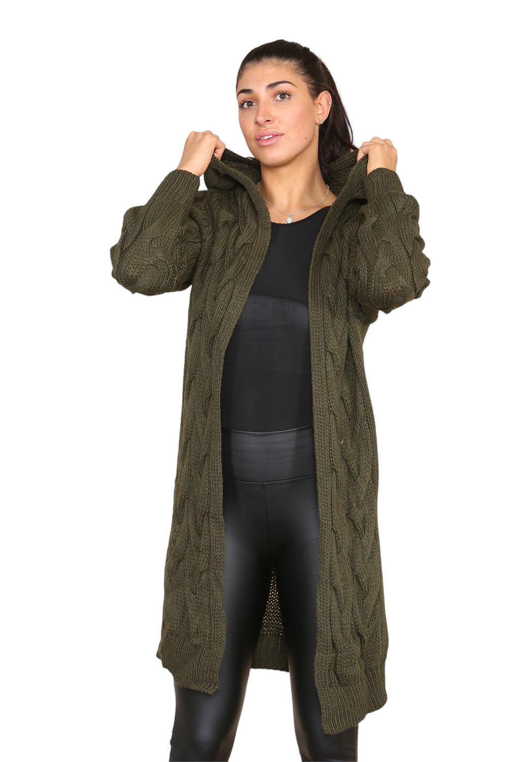 Knitted Cables Hooded Long Over Sized Cardigan