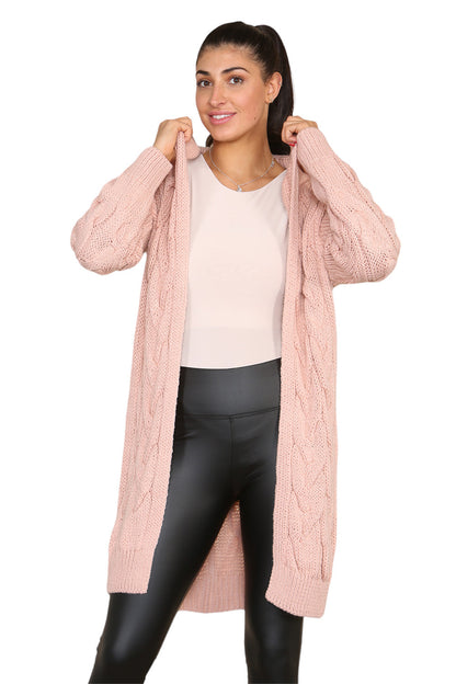 Knitted Cables Hooded Long Over Sized Cardigan