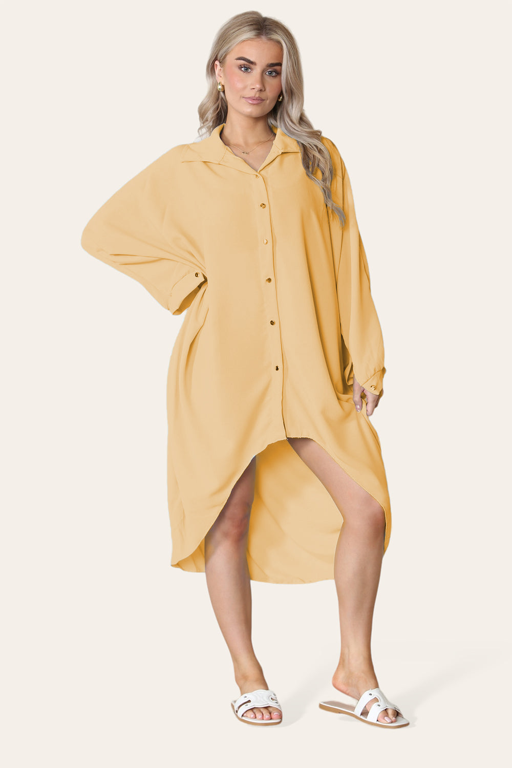 High-Low Oversized Button Long Top Shirt Dress with Hem and Long Sleeves