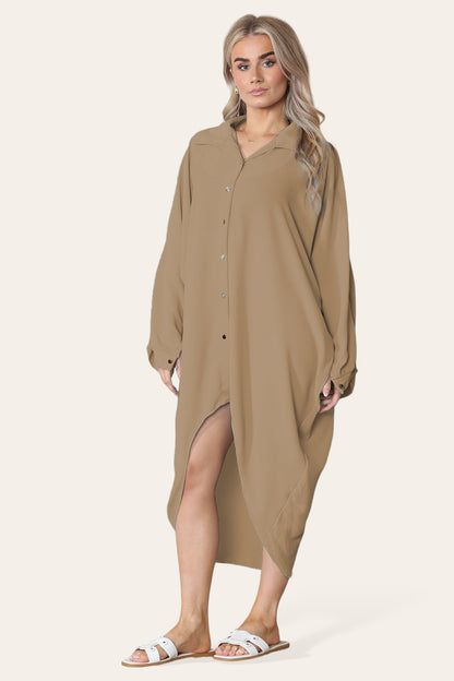 High-Low Oversized Button Long Top Shirt Dress with Hem and Long Sleeves