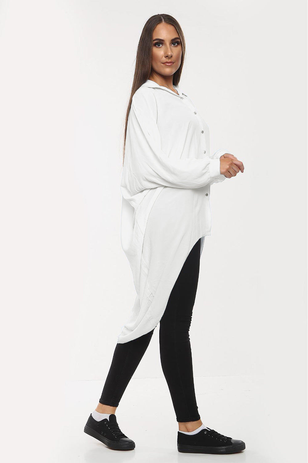 High-Low Oversized Button Long Top Shirt Dress with Hem and Long Sleeves