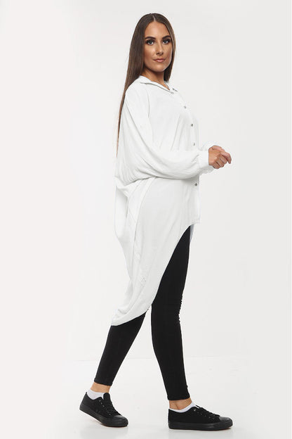 High-Low Oversized Button Long Top Shirt Dress with Hem and Long Sleeves
