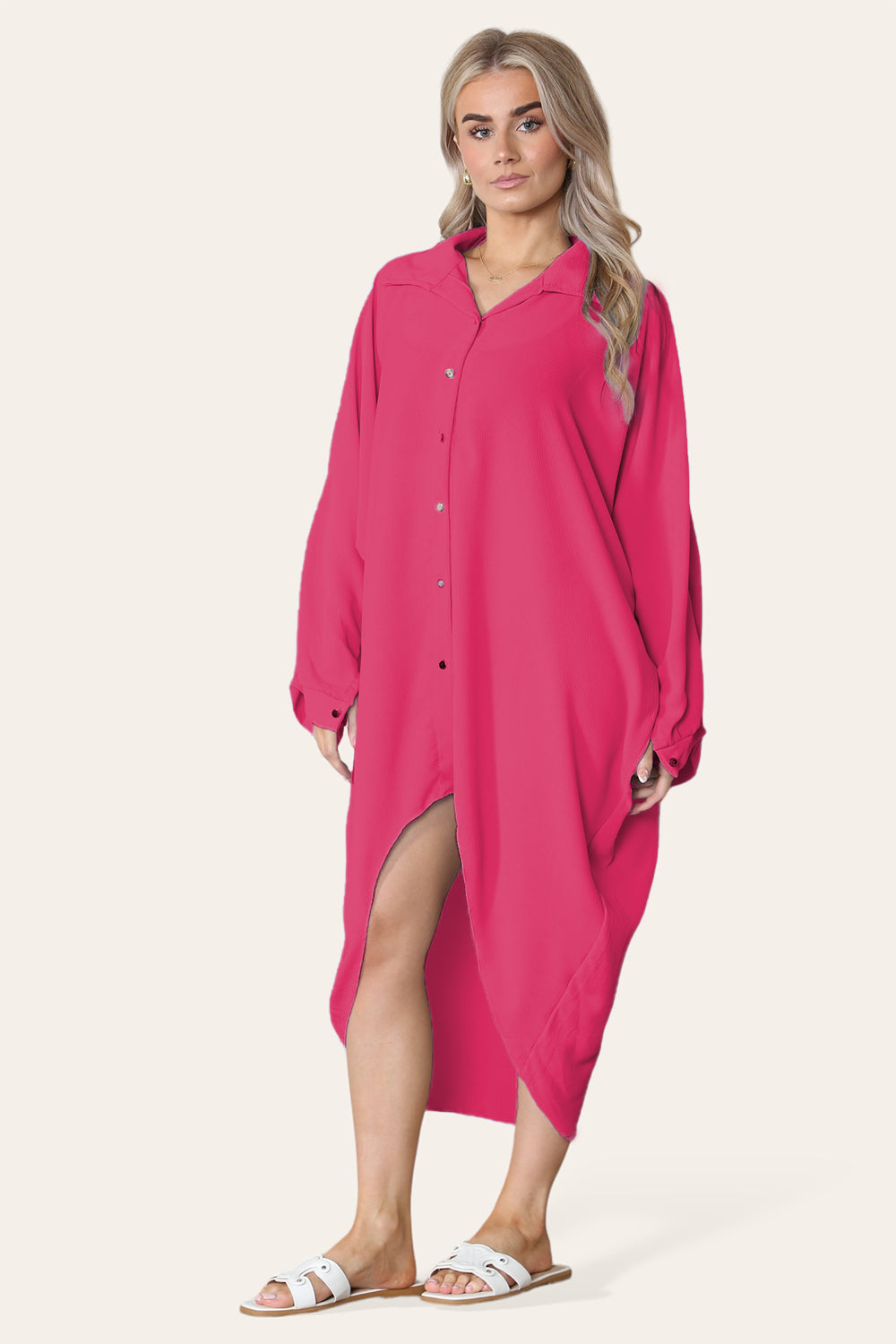 High-Low Oversized Button Long Top Shirt Dress with Hem and Long Sleeves