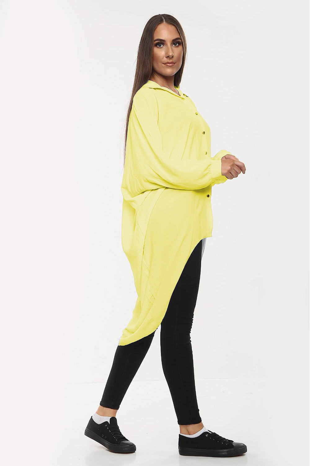 High-Low Oversized Button Long Top Shirt Dress with Hem and Long Sleeves