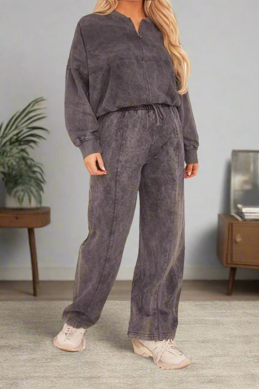 Acid Wash Effect Fleece Zip Front Bomber Sweatshirt & Joggers Loungewear Co - Ord Set - MultiTrends Limited