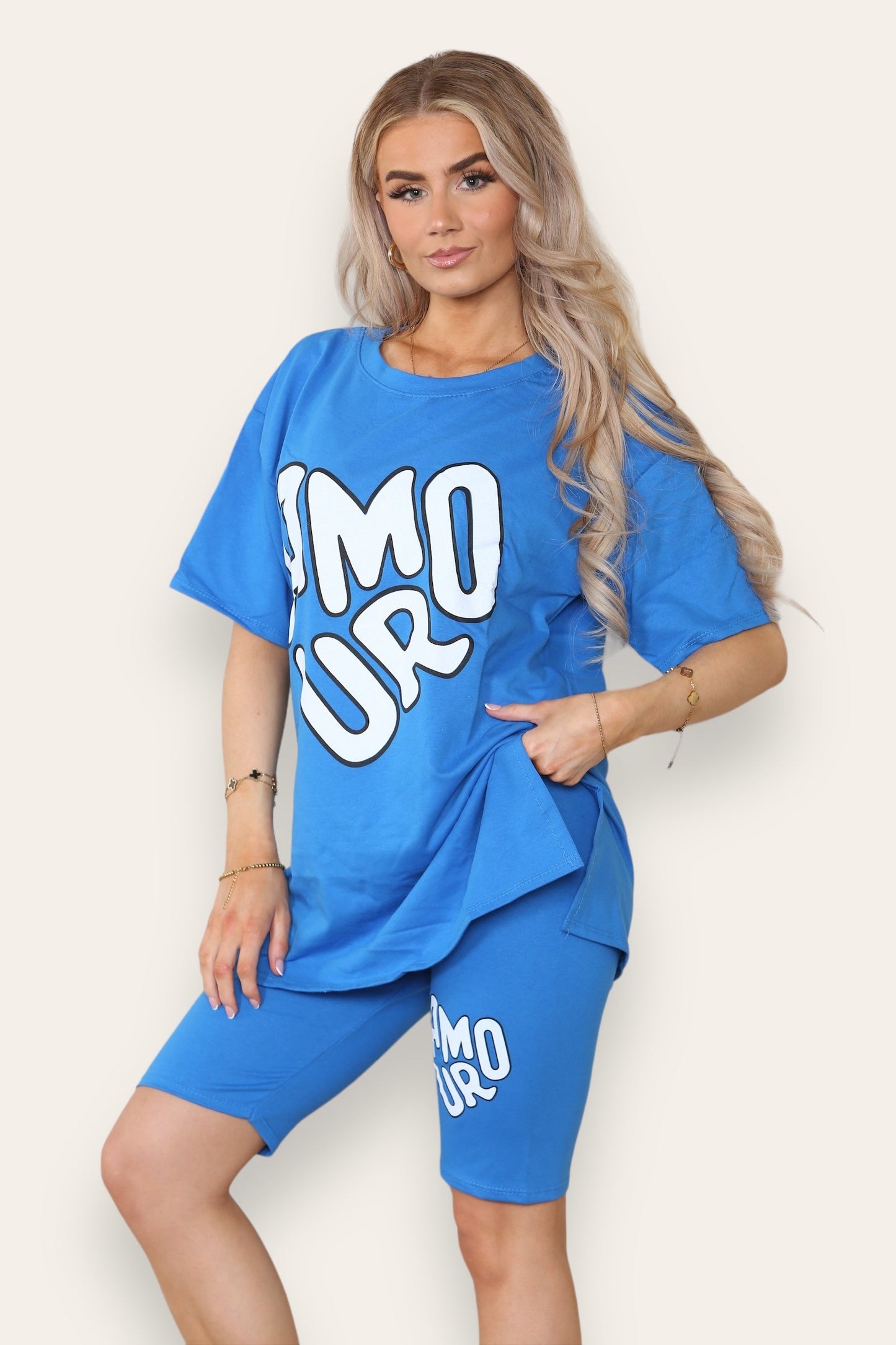 Amour Side Slit Cycling Short and T-Shirts Co-Ord Two Piece Set with Front Amour Slogan - Multi Trends