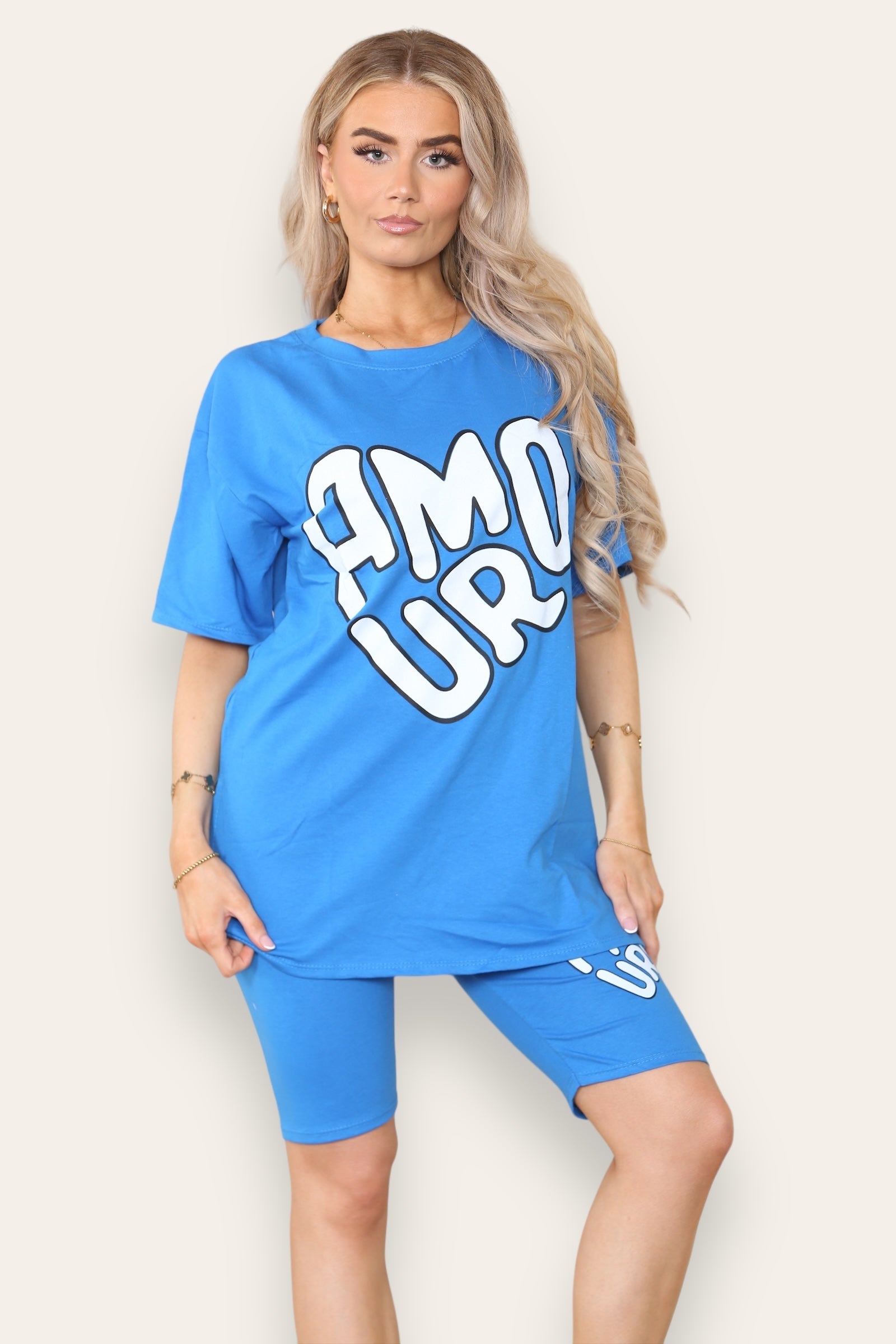 Amour Side Slit Cycling Short and T-Shirts Co-Ord Two Piece Set with Front Amour Slogan - Multi Trends