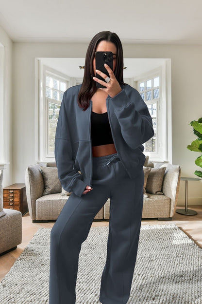 Bomber New Style Oversized Fleece Zipper and Wide Leg Tracksuit - MultiTrends Limited