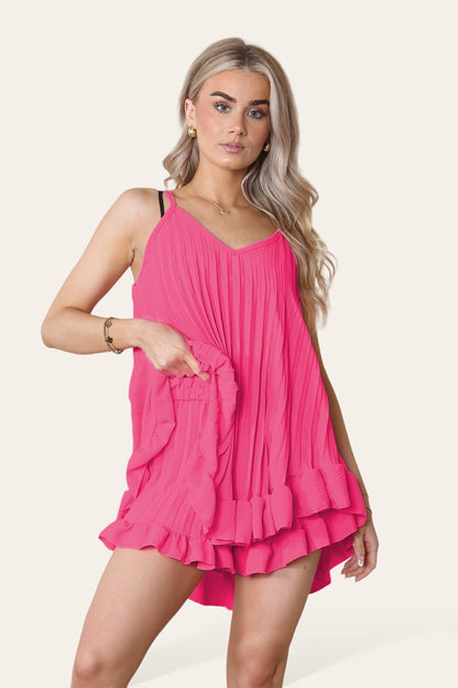 Cami Pleated Frill Hem Top & Matching Frill Shorts Co-Ord Set - MultiTrends Limited