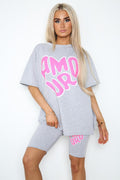 Cycling Short and T-Shirts Co-Ord Two Piece Side Slit Set with Front Printed Slogan - Multi Trends
