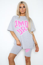 Cycling Short and T-Shirts Co-Ord Two Piece Side Slit Set with Front Printed Slogan - Multi Trends