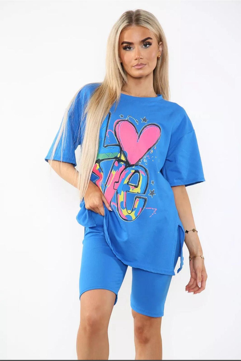 Cycling Short and T-Shirts Co-Ord Two Piece Side Slit Set with Front Printed Slogan - Multi Trends