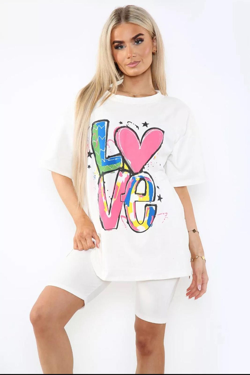 Cycling Short and T-Shirts Co-Ord Two Piece Side Slit Set with Front Printed Slogan - Multi Trends