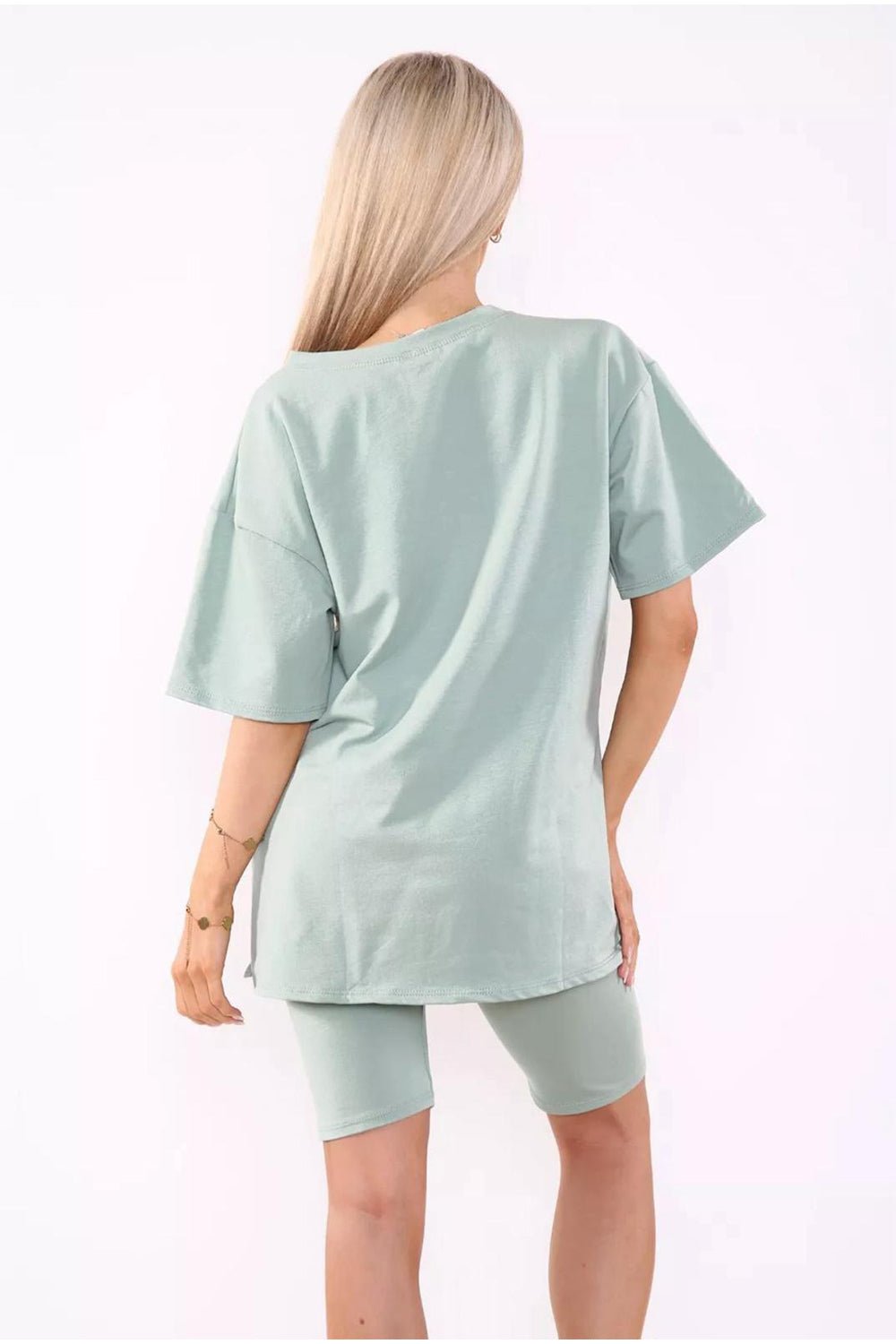 Cycling Short and T-Shirts Co-Ord Two Piece Side Slit Set with Front Printed Slogan - Multi Trends