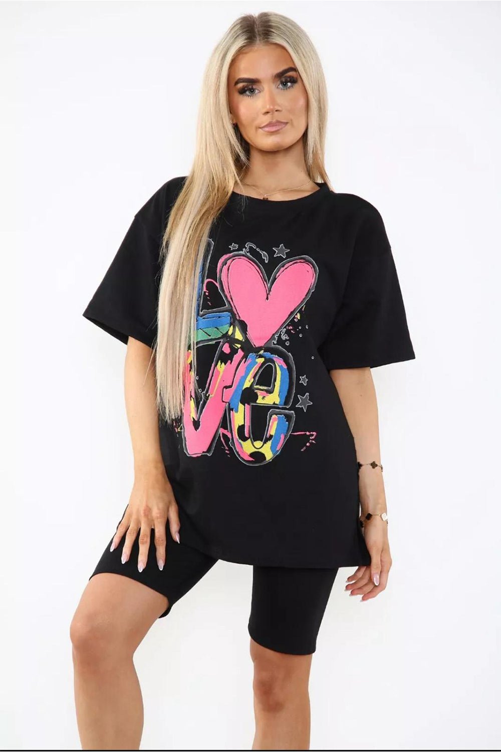 Cycling Short and T-Shirts Co-Ord Two Piece Side Slit Set with Front Printed Slogan - Multi Trends