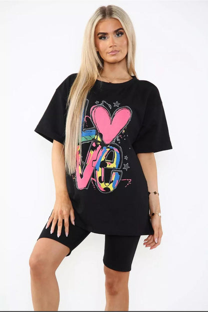 Cycling Short and T-Shirts Co-Ord Two Piece Side Slit Set with Front Printed Slogan - Multi Trends