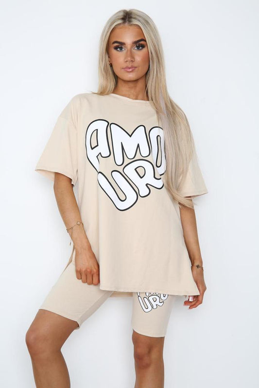 Cycling Short and T-Shirts Co-Ord Two Piece Side Slit Set with Front Printed Slogan - Multi Trends