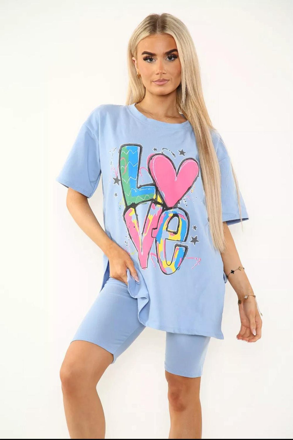 Cycling Short and T-Shirts Co-Ord Two Piece Side Slit Set with Front Printed Slogan - Multi Trends