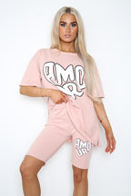 Cycling Short and T-Shirts Co-Ord Two Piece Side Slit Set with Front Printed Slogan - Multi Trends