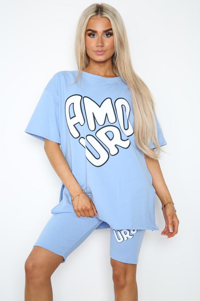 Cycling Short and T-Shirts Co-Ord Two Piece Side Slit Set with Front Printed Slogan - Multi Trends