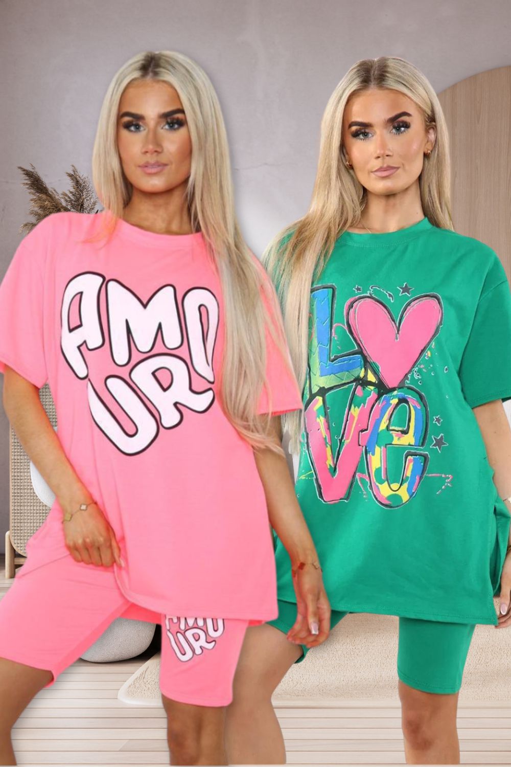 Cycling Short and T-Shirts Co-Ord Two Piece Side Slit Set with Front Printed Slogan - Multi Trends