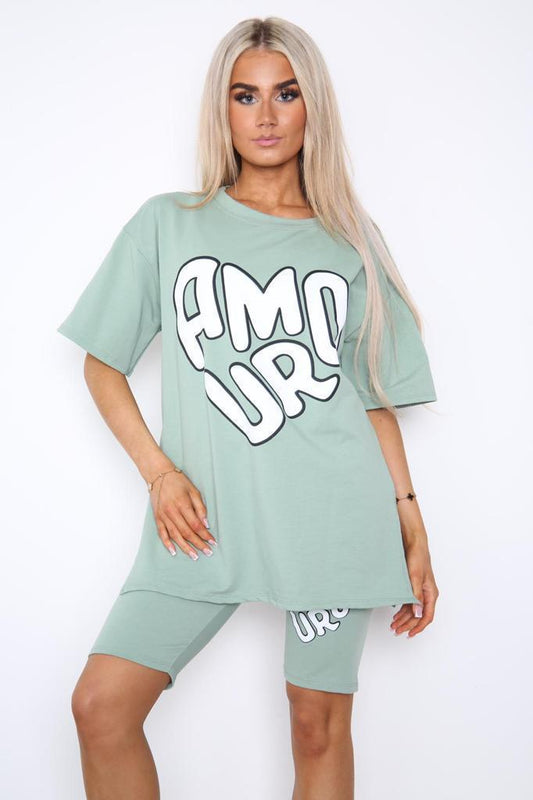 Cycling Short and T-Shirts Co-Ord Two Piece Side Slit Set with Front Printed Slogan - Multi Trends