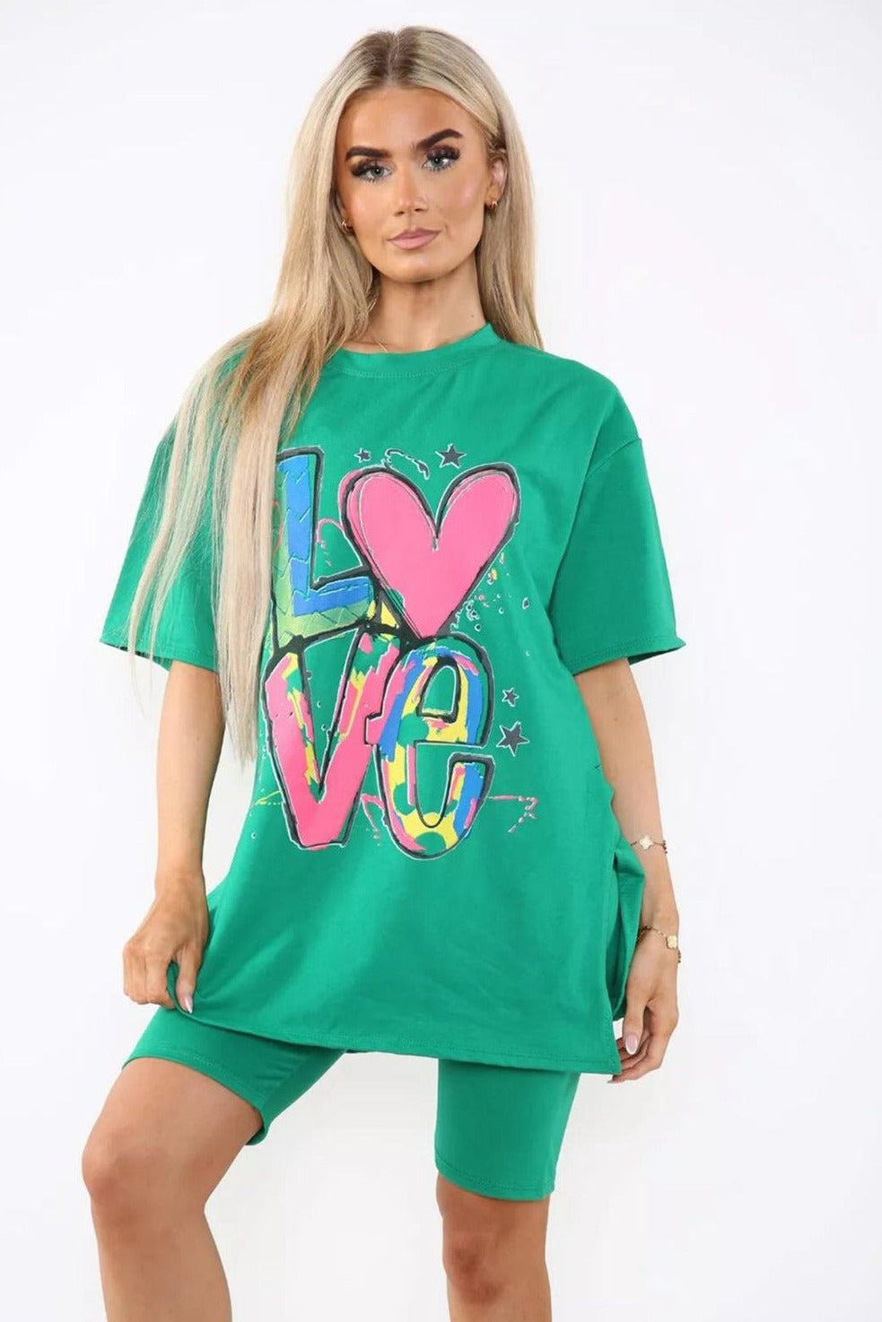 Cycling Short and T-Shirts Co-Ord Two Piece Side Slit Set with Front Printed Slogan - Multi Trends