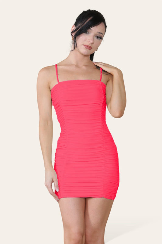 Double Layered Naked Shoulder Ruched Body-Con Cami Dress Mini Style - Multi Trends