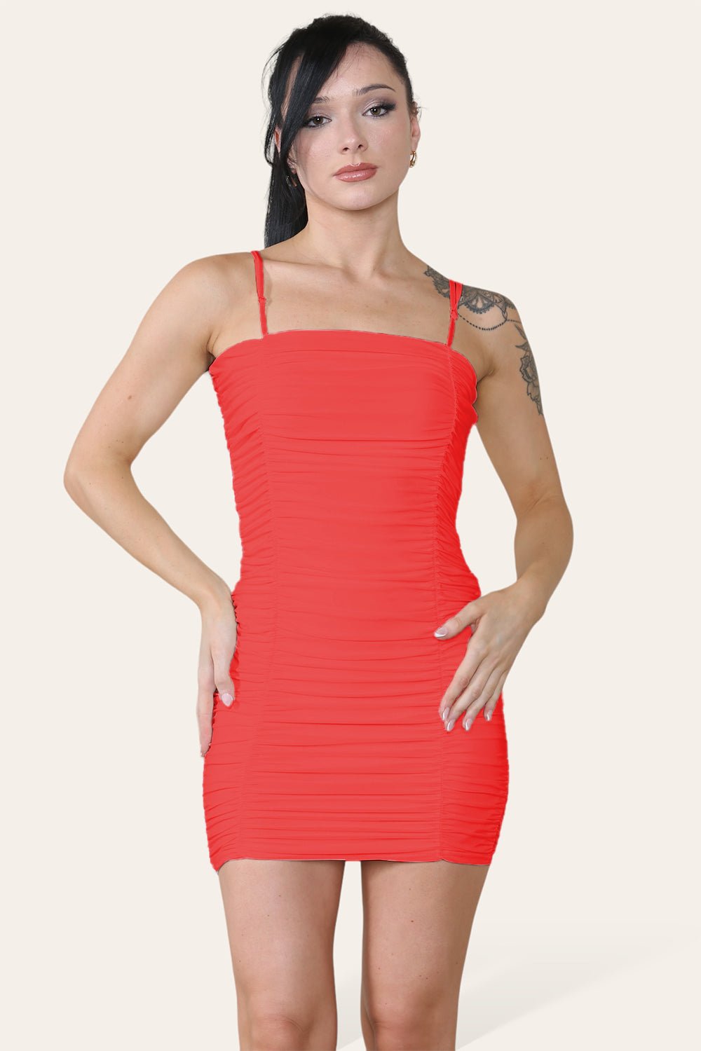 Double Layered Naked Shoulder Ruched Body-Con Cami Dress Mini Style - Multi Trends