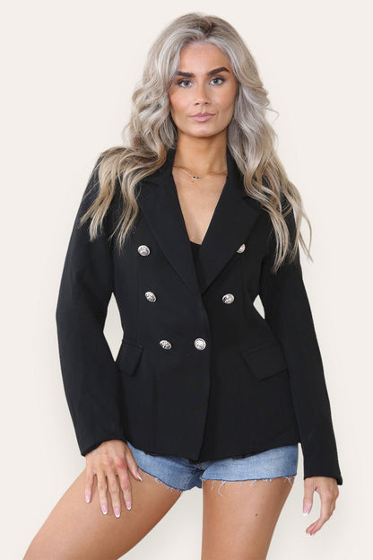Fitted Linned Double Gold Button Collared Blazer Jacket - Multi Trends