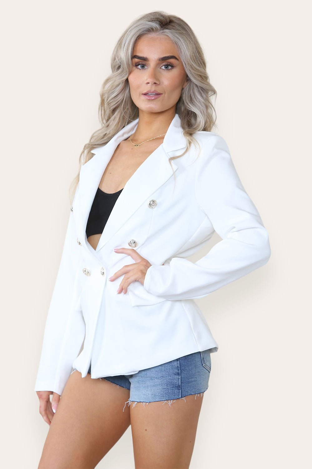 Fitted Linned Double Gold Button Collared Blazer Jacket - Multi Trends