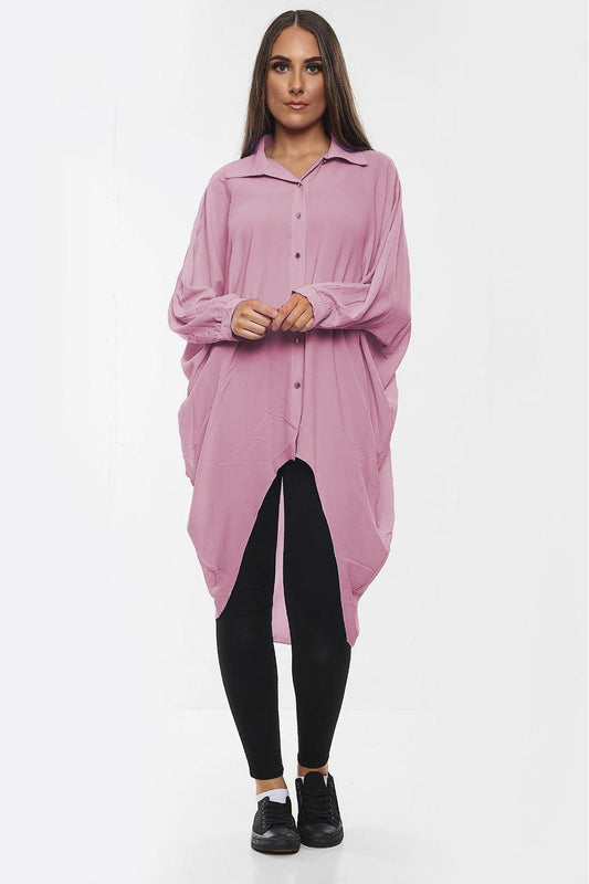 High-Low Oversized Button Long Top Shirt Dress with Hem and Long Sleeves - Multi Trends