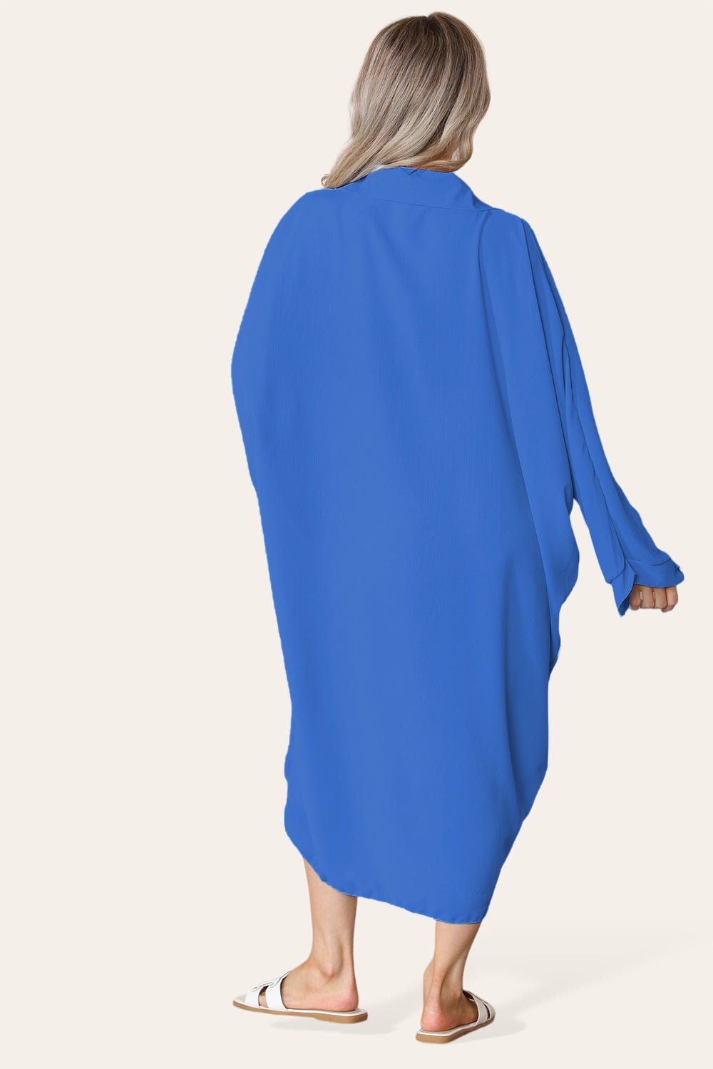 High-Low Oversized Button Long Top Shirt Dress with Hem and Long Sleeves - MultiTrends Limited