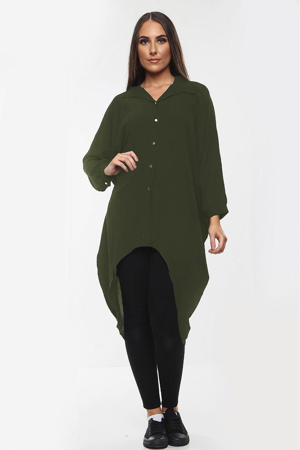 High-Low Oversized Button Long Top Shirt Dress with Hem and Long Sleeves - MultiTrends Limited
