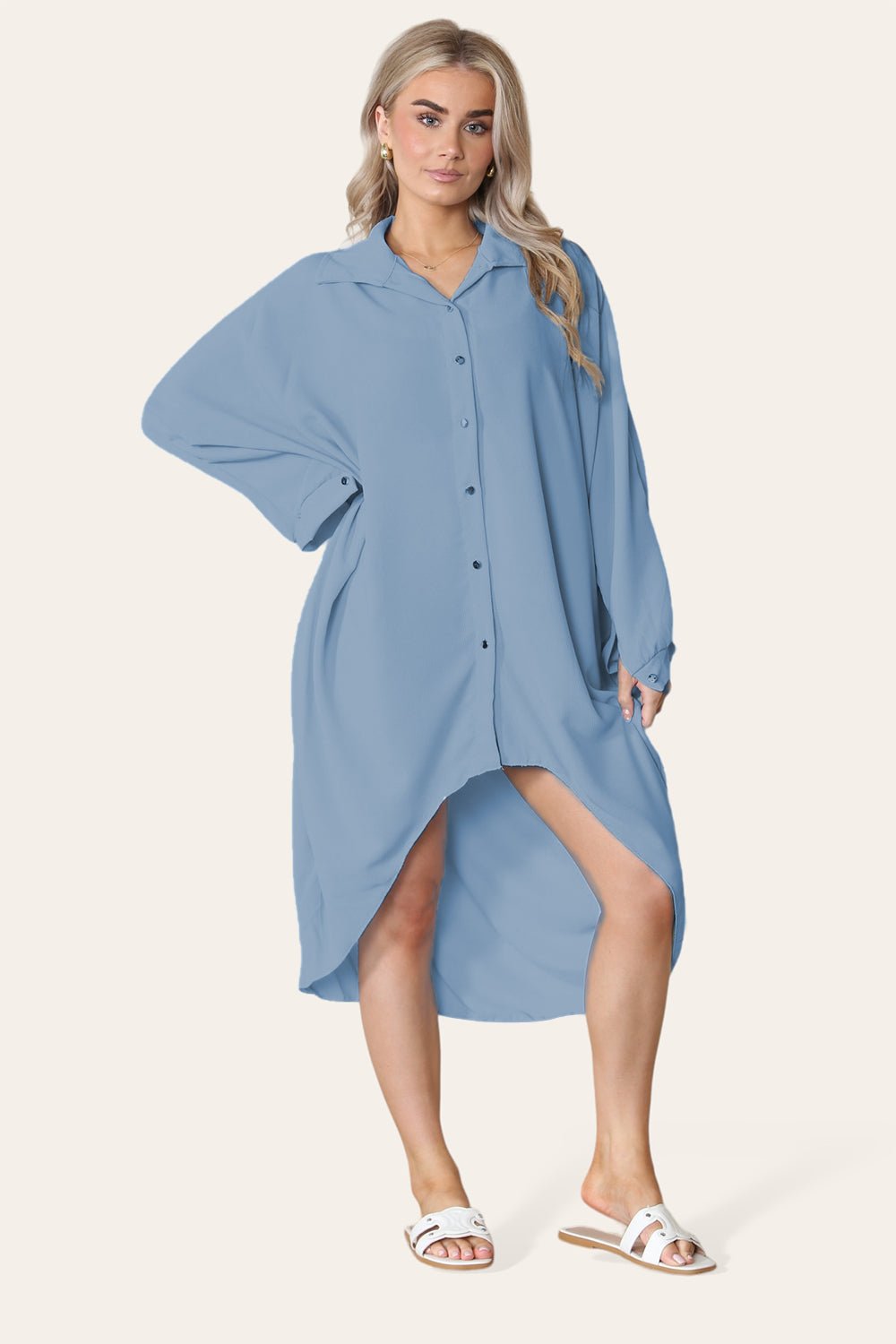 High-Low Oversized Button Long Top Shirt Dress with Hem and Long Sleeves - MultiTrends Limited