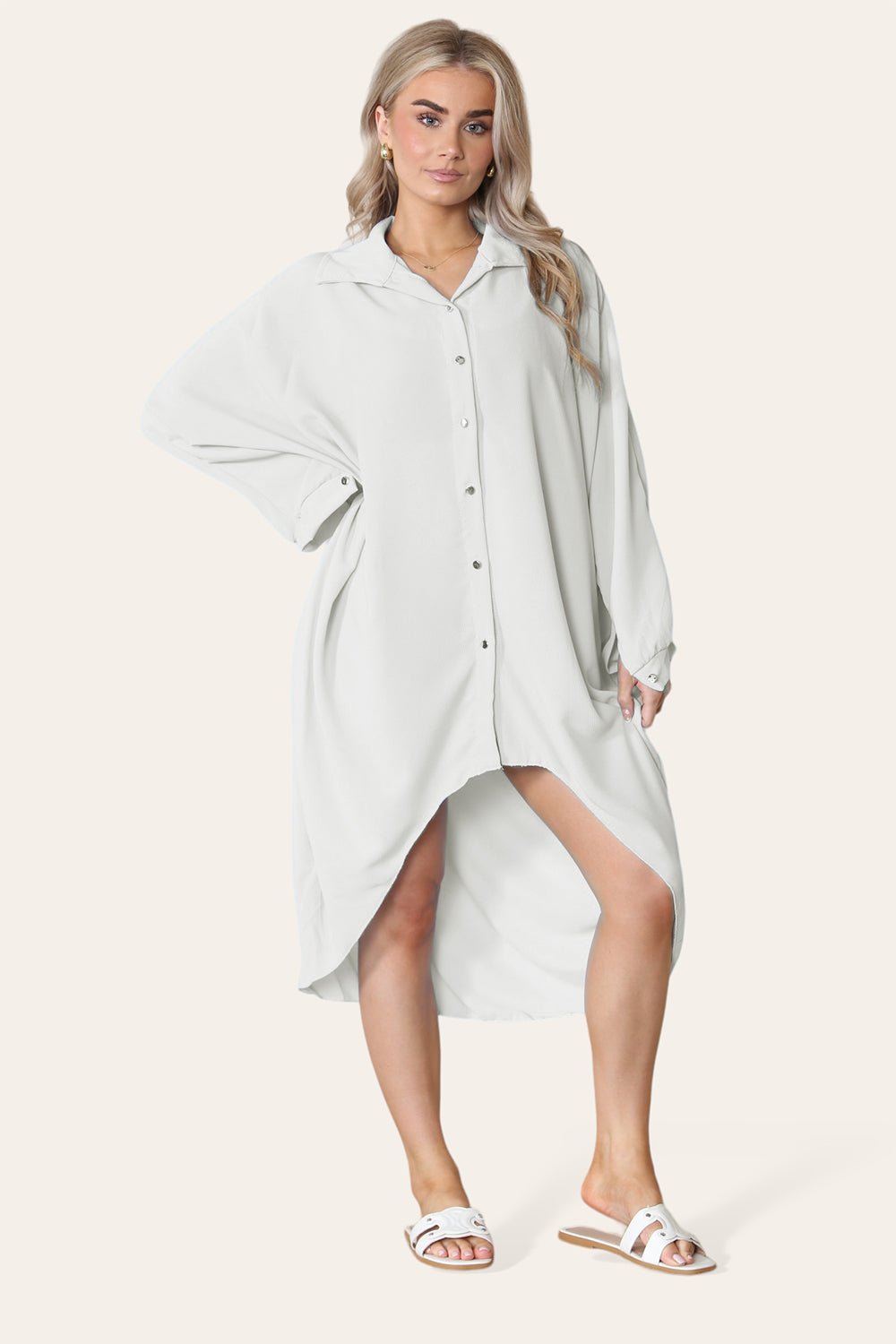 High-Low Oversized Button Long Top Shirt Dress with Hem and Long Sleeves - MultiTrends Limited
